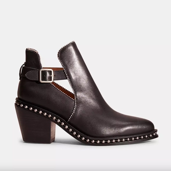 Coach Shoes - COACH - Pipa Bead Chain Chunky Block Heel Buckle Black Leather Bootie - 7.5 / 38